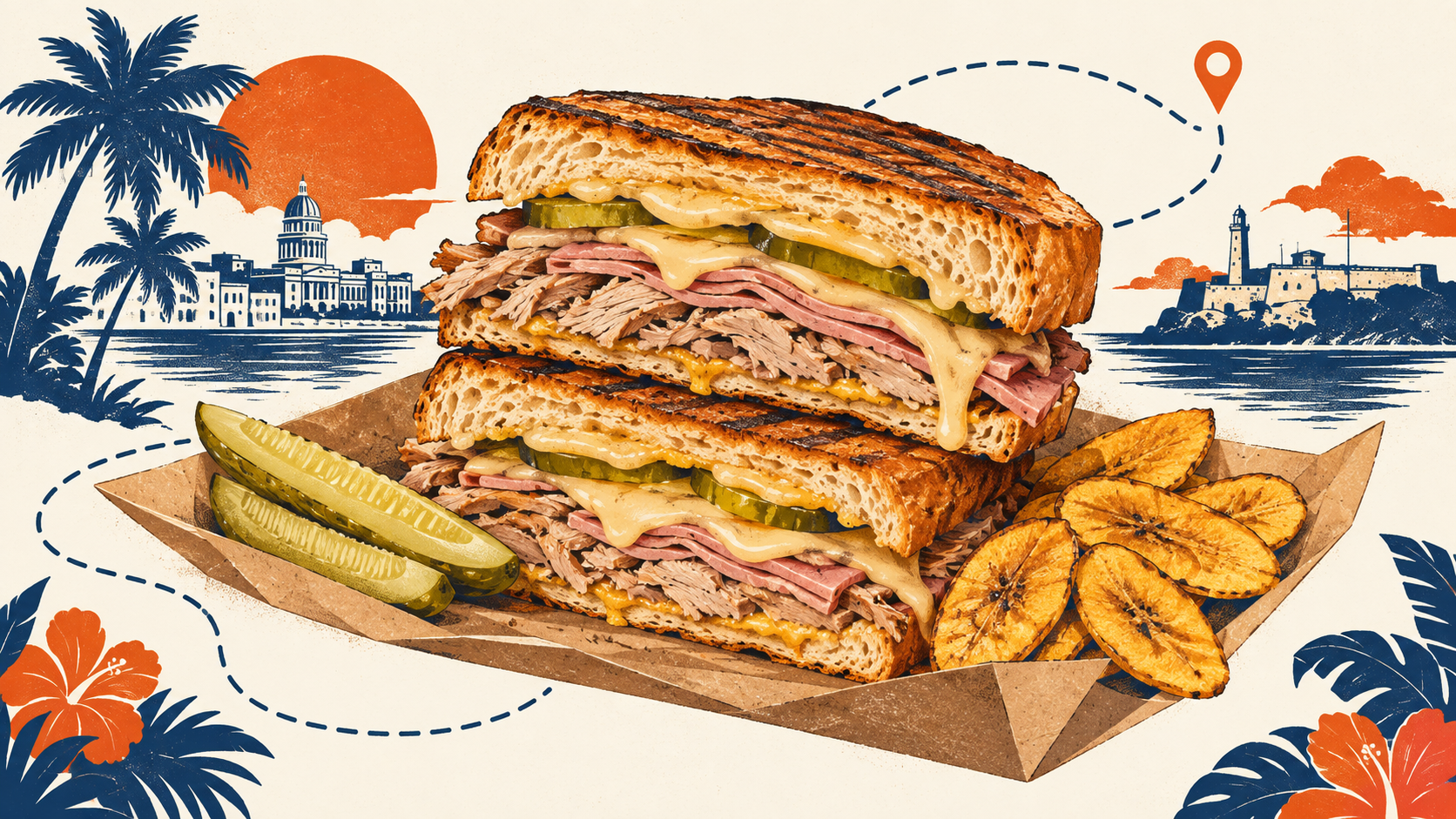Illustration of a pressed Cuban-style sandwich on a tray with a dashed travel route looping around the plate