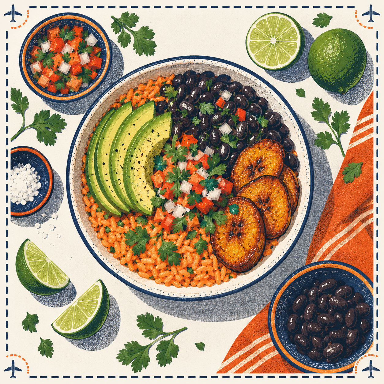 Illustration of a Latin rice bowl with avocado and plantains, seen from above